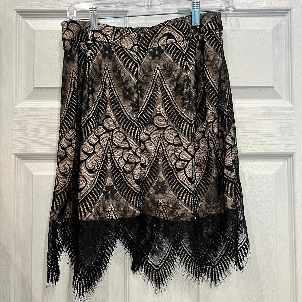 Lulus Mini Skirt Black Lace Nude Lining Eyelash Hem Gothic Whimsigoth Coquette M - Picture 2 of 8